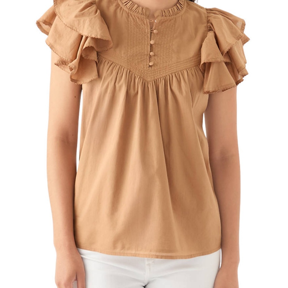 crown & ivy Camel Ruffle Sleeve Pintuck Blouse NWOT